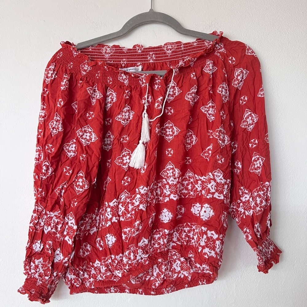 Faithfull The Brand Red and White Off The Shoulder Long Sleeve Top